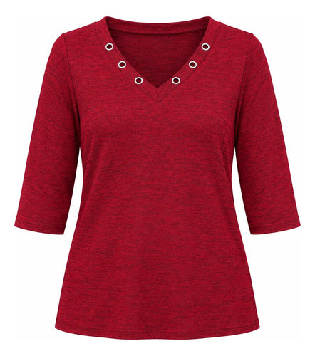 Polera Mujer Manga 3/4 Escote V Con Detalles Metálicos