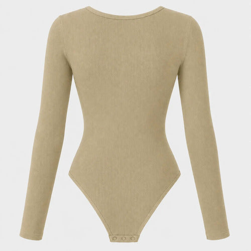 Body Modelador Mujer Manga Larga Acanalado Cuello Redondo