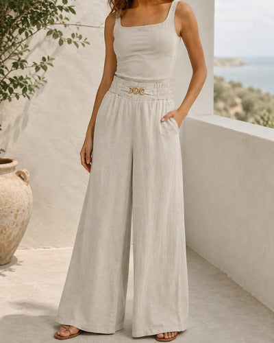 Pantalón Palazzo Mujer Pierna Ancha Cintura Elasticada