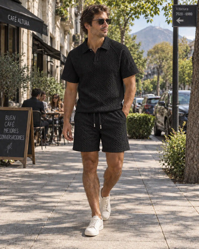 Conjunto Hombre Polera Polo Manga Corta Short Texturizado