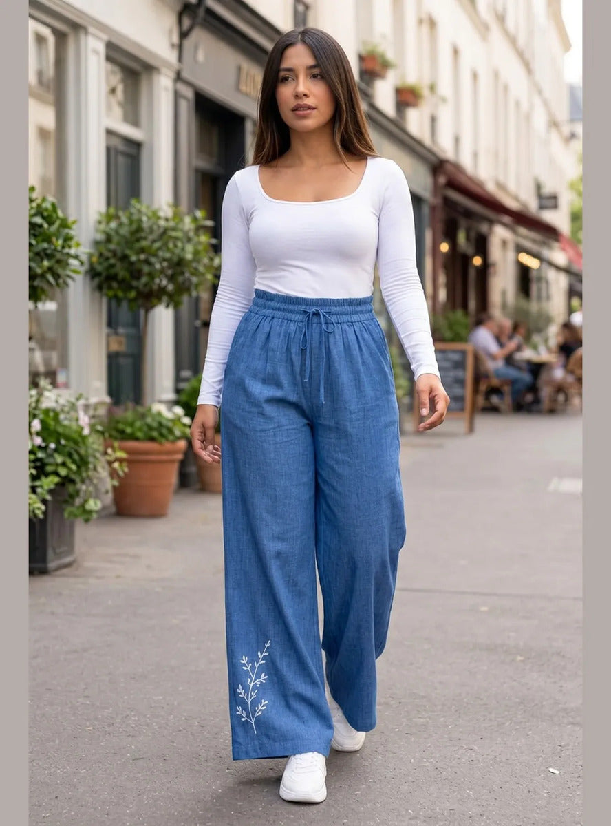 Pantalón Mujer Palazzo Bordado Floral Cintura Elasticada