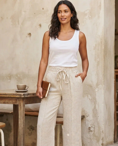 Pantalón Mujer Recto Con Cintura Elasticada Y Bolsillos