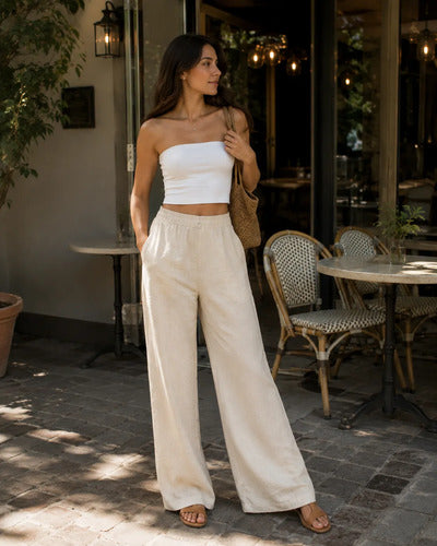 Pantalón Mujer Palazzo Cintura Elasticada Liso Pierna Ancha