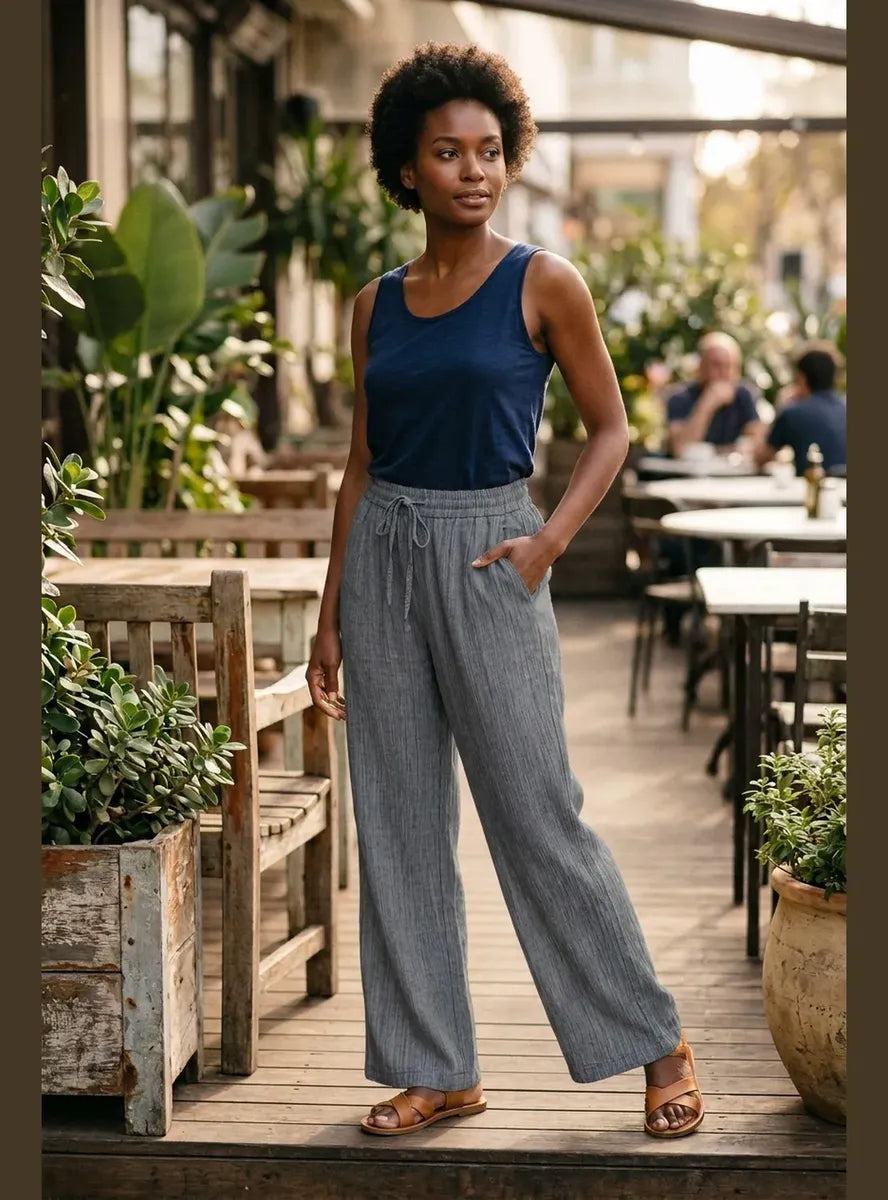 Pantalón Mujer Palazzo Jaspeado Pierna Ancha con Bolsillos