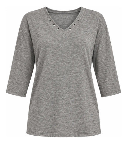 Polera Mujer Manga 3/4 Escote V Con Detalles Metálicos