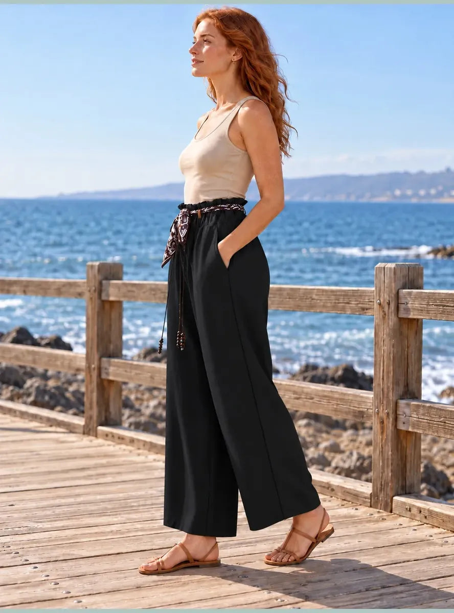 Pantalón Palazzo Mujer Cintura Elasticada con Lazo Siena