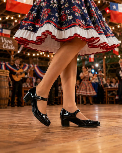 Zapato Cueca Mujer Charol Negro Taco Fiestas Patrias