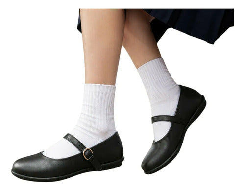 Zapato Escolar Y Cueca Niña Mujer Negro Con Correa