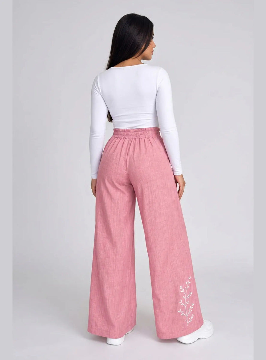 Pantalón Mujer Palazzo Bordado Floral Cintura Elasticada