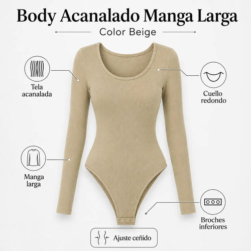 Body Modelador Mujer Manga Larga Acanalado Cuello Redondo