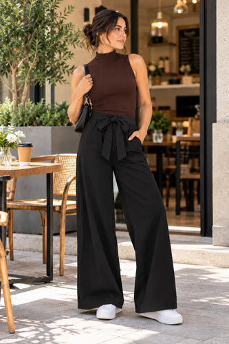 Pantalón Palazzo Mujer Cintura Elasticada Con Lazo
