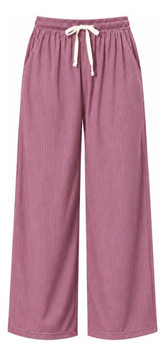 Pantalón Casual Mujer Palazzo Acanalado Cintura Elasticada