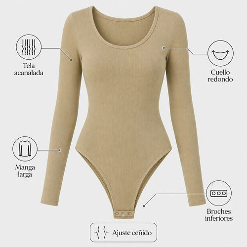 Body Modelador Mujer Manga Larga Acanalado Cuello Redondo