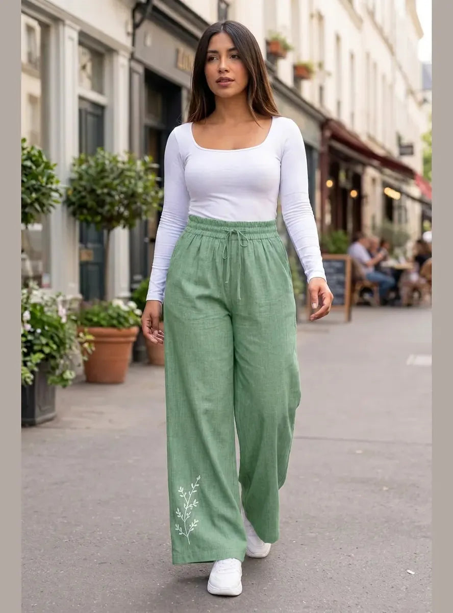 Pantalón Mujer Palazzo Bordado Floral Cintura Elasticada
