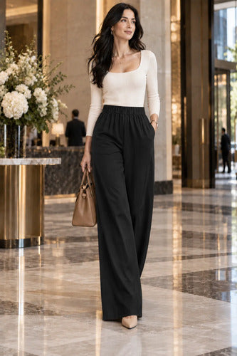 Pantalón Palazzo Mujer Algodón Cintura Elasticada Con Lazo