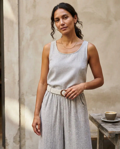Pantalón Palazzo Mujer Cinturón Tejido Pierna Ancha