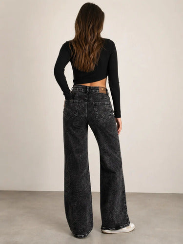 Jeans Pantalon Mujer Tiro Alto Pierna Ancha Negro Lavado