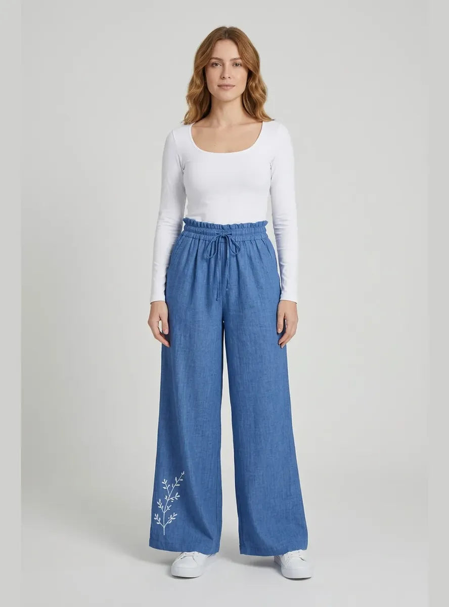 Pantalón Mujer Palazzo Bordado Floral Cintura Elasticada