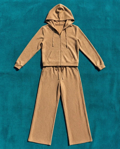 Conjunto Mujer Polerón Capucha Pantalón Ancho Texturizado