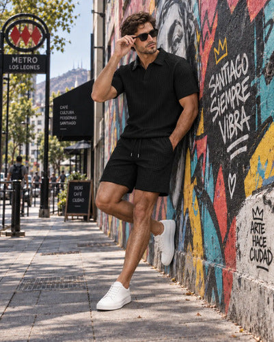 Conjunto Hombre Polera Polo Manga Corta Short Texturizado