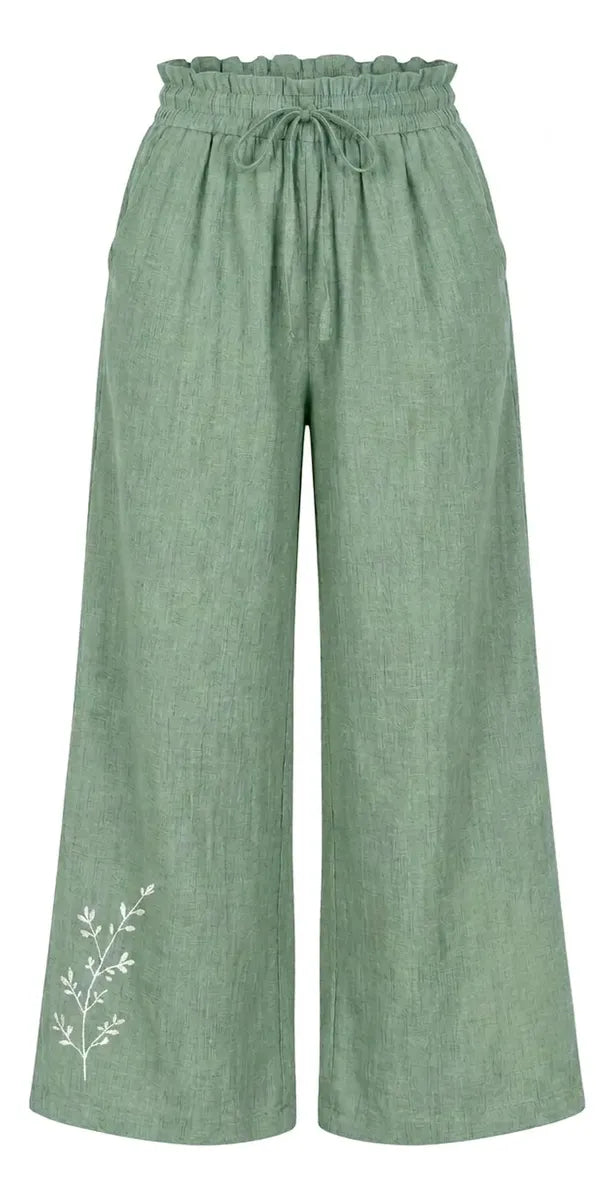 Pantalón Mujer Palazzo Bordado Floral Cintura Elasticada