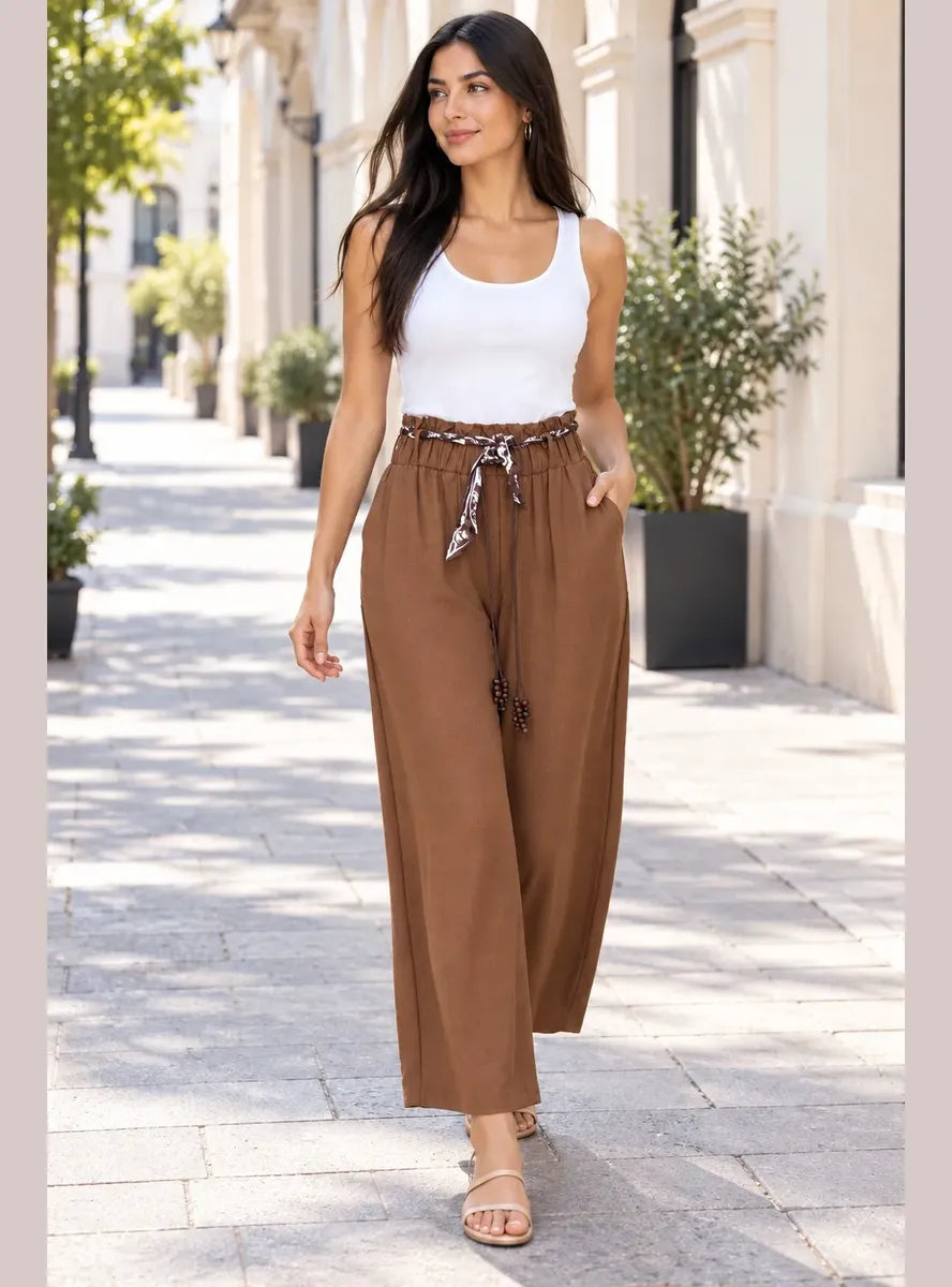 Pantalón Palazzo Mujer Cintura Elasticada con Lazo Siena