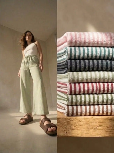 Pantalón Palazzo Mujer Rayado Tiro Alto Cintura Elástica