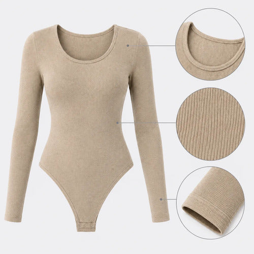 Body Modelador Mujer Manga Larga Acanalado Cuello Redondo