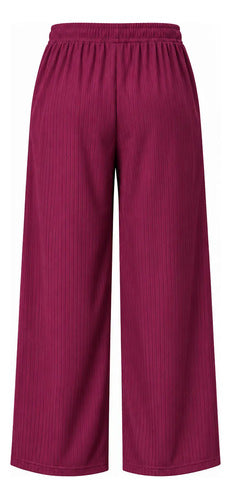 Pantalón Casual Mujer Palazzo Acanalado Cintura Elasticada