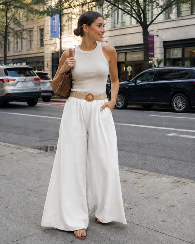 Pantalón Palazzo Mujer Pierna Ancha Cintura Elasticada