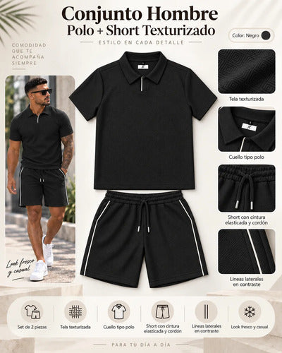 Conjunto Hombre Polera Cuello Polo Y Short Tela Texturizada