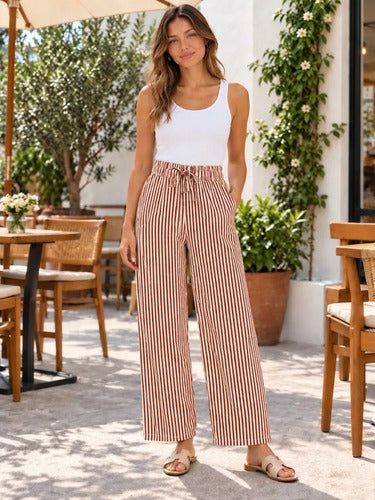 Pantalón Palazzo Mujer Rayado Tiro Alto Cintura Elástica