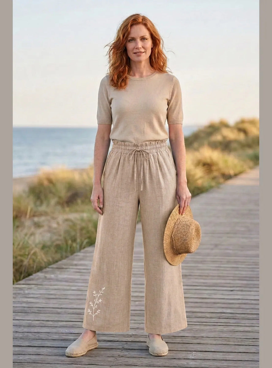 Pantalón Mujer Palazzo Bordado Floral Cintura Elasticada