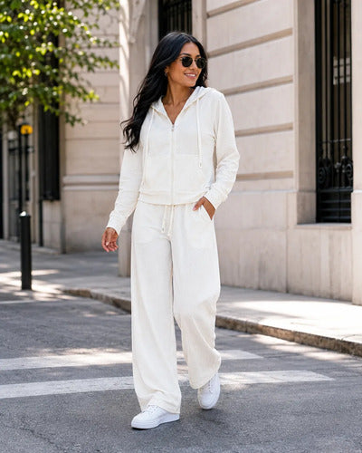 Conjunto Mujer Polerón Capucha Pantalón Ancho Texturizado