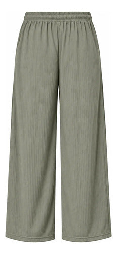 Pantalón Casual Mujer Palazzo Acanalado Cintura Elasticada