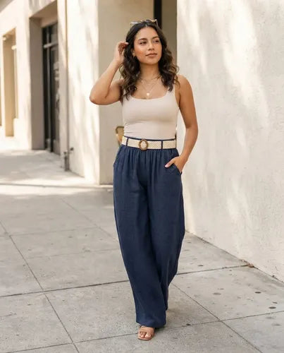 Pantalón Palazzo Mujer Cinturón Tejido Pierna Ancha