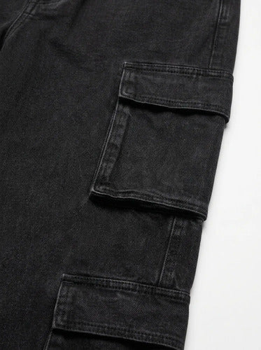 Pantalón Cargo Niña Negro Pierna Ancha Bolsillos Laterales