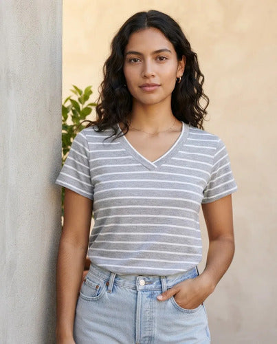 Polera Mujer Manga Corta Cuello V Rayas Casual