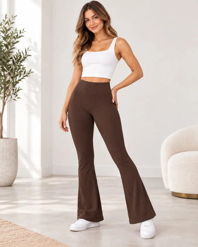 Pantalón Flare Mujer Cintura Alta Acanalado Ajustado