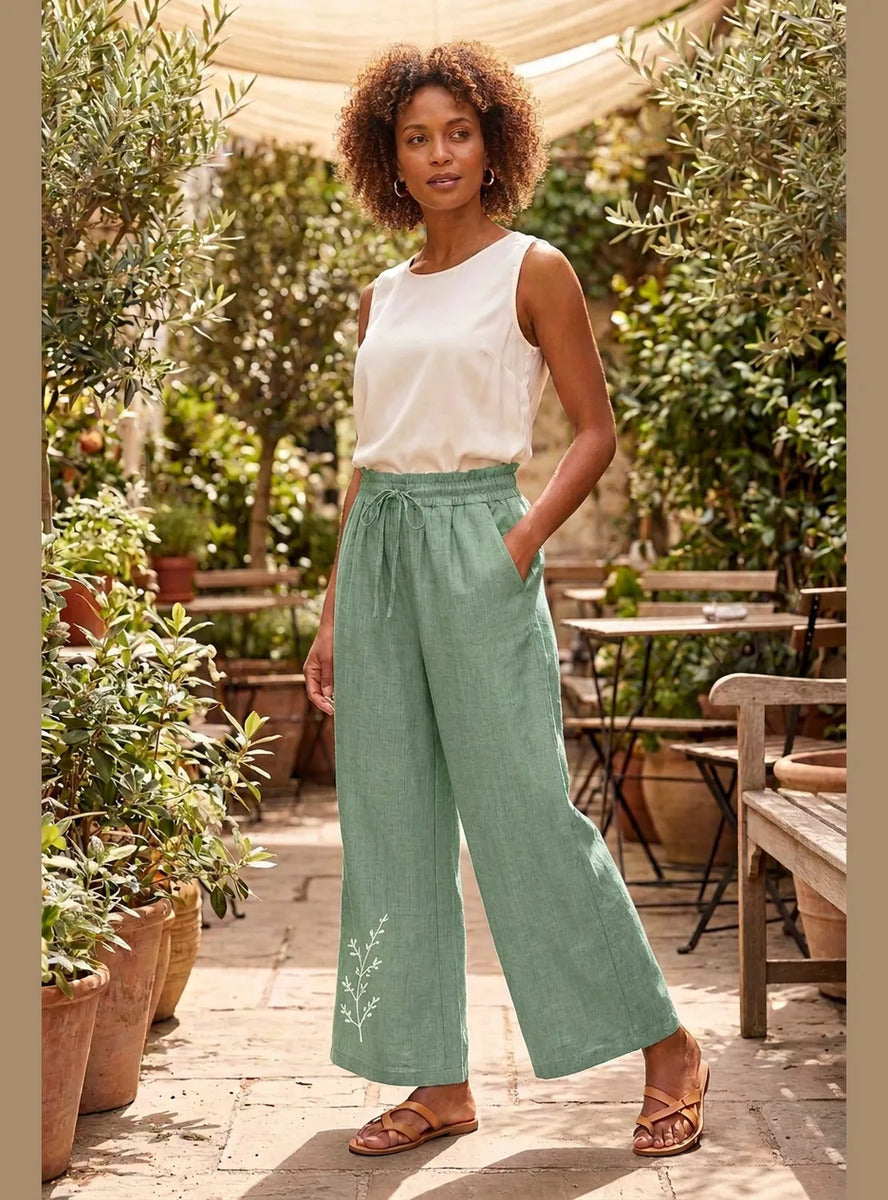 Pantalón Mujer Palazzo Bordado Floral Cintura Elasticada