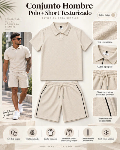 Conjunto Hombre Polera Cuello Polo Y Short Tela Texturizada