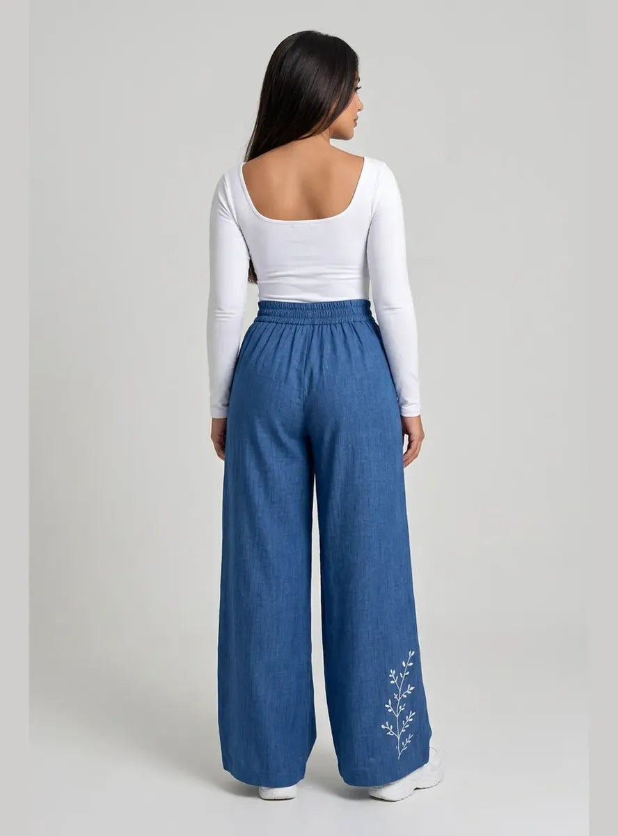 Pantalón Mujer Palazzo Bordado Floral Cintura Elasticada