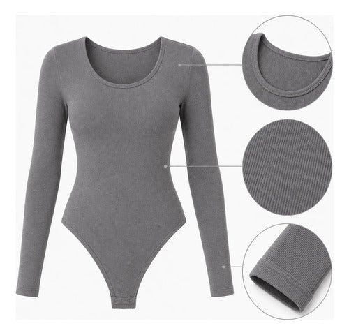 Body Modelador Mujer Manga Larga Acanalado Cuello Redondo