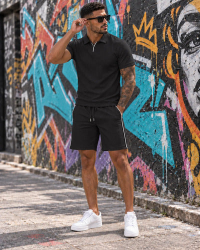 Conjunto Hombre Polera Cuello Polo Y Short Tela Texturizada