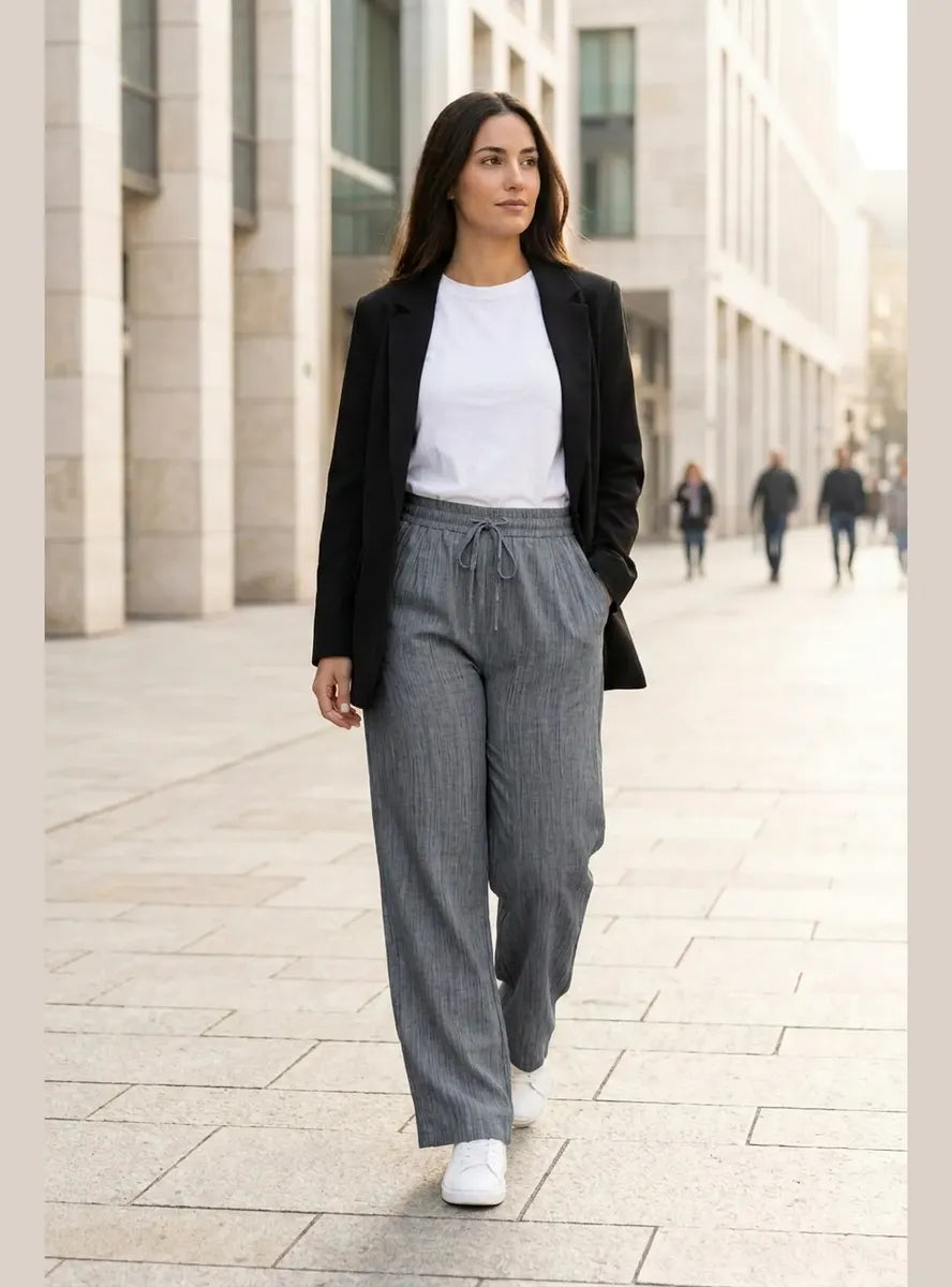 Pantalón Mujer Palazzo Jaspeado Pierna Ancha con Bolsillos