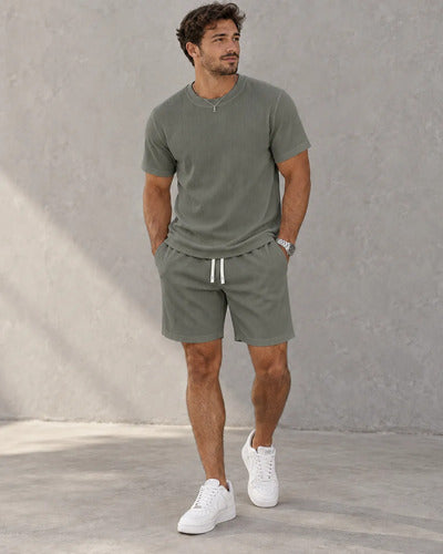 Conjunto Hombre Polera Short Texturado Casual Verano