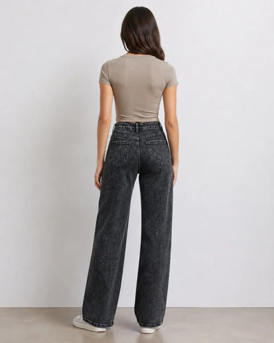 Jeans Pantalon Mujer Tiro Alto Pierna Ancha Negro Lavado