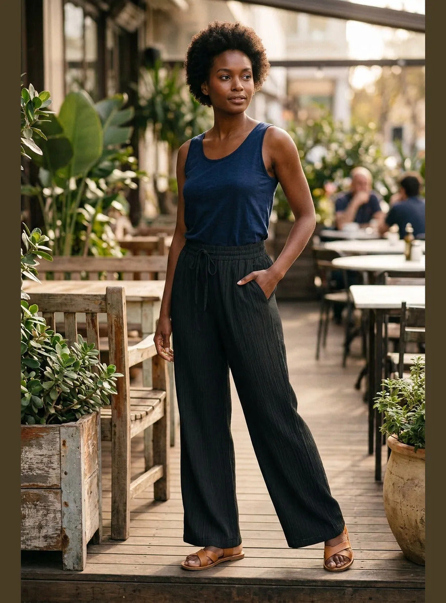 Pantalón Mujer Palazzo Jaspeado Pierna Ancha con Bolsillos