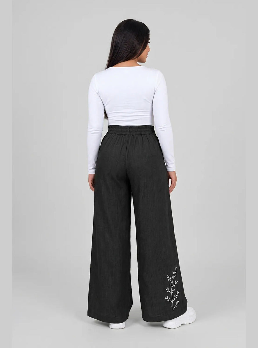 Pantalón Mujer Palazzo Bordado Floral Cintura Elasticada