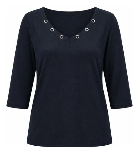 Polera Mujer Manga 3/4 Escote V Con Detalles Metálicos